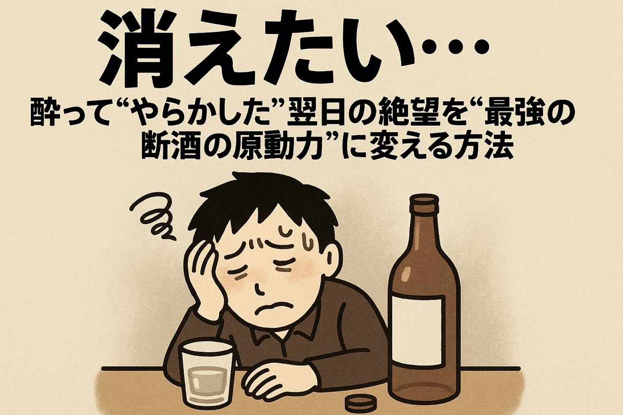「消えたい…酔って“やらかした”翌日の絶望を“最強の断酒の原動力”に変える方法」という文字と、落ち込む男性のイラストが描かれたアイキャッチ画像」