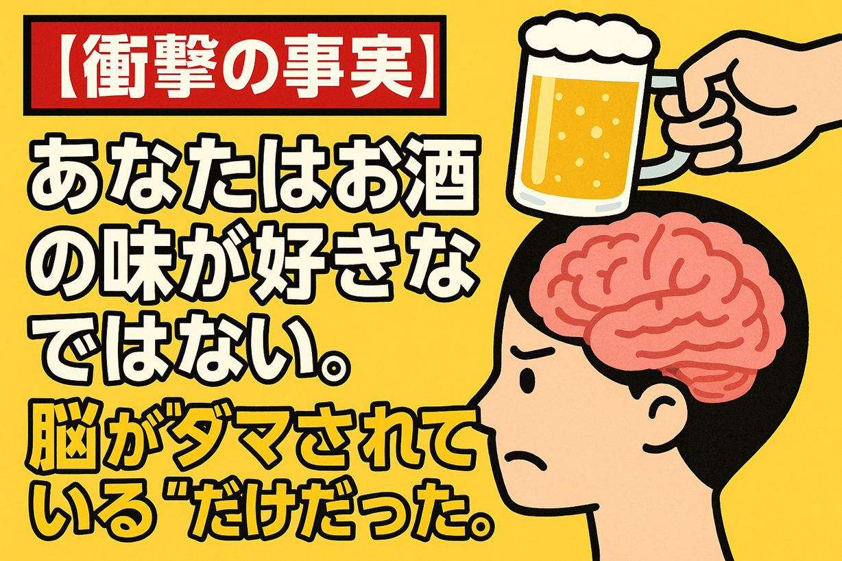 「【衝撃の事実】あなたはお酒の味が好きなではない。脳がダマされている“だけだった。”というテキストと、ビールジョッキを脳に押し当てられている人物のイラストが描かれた画像」