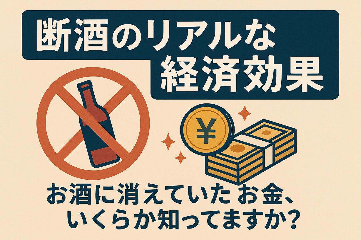 「断酒のリアルな経済効果」というタイトルと、お酒の禁止マーク、札束と円マークのイラスト。「お酒に消えていたお金、いくらか知ってますか？」という問いかけが添えられている。