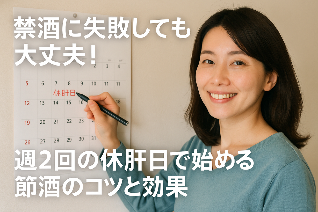 休肝日をカレンダーに記入する女性と節酒習慣を勧めるアイキャッチ画像