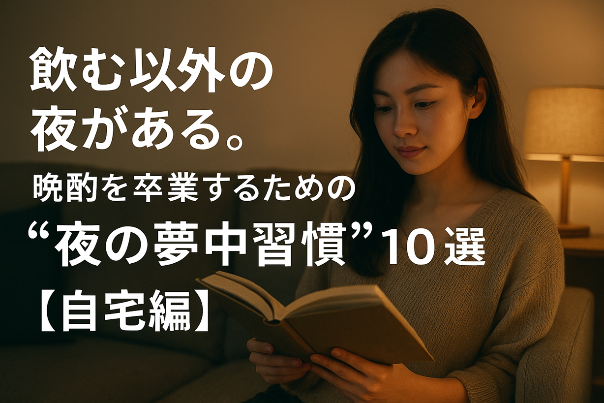 本を読む女性と『飲む以外の夜がある。晩酌を卒業するための夜の夢中習慣10選【自宅編】』というタイトルテキストが重ねられたアイキャッチ画像