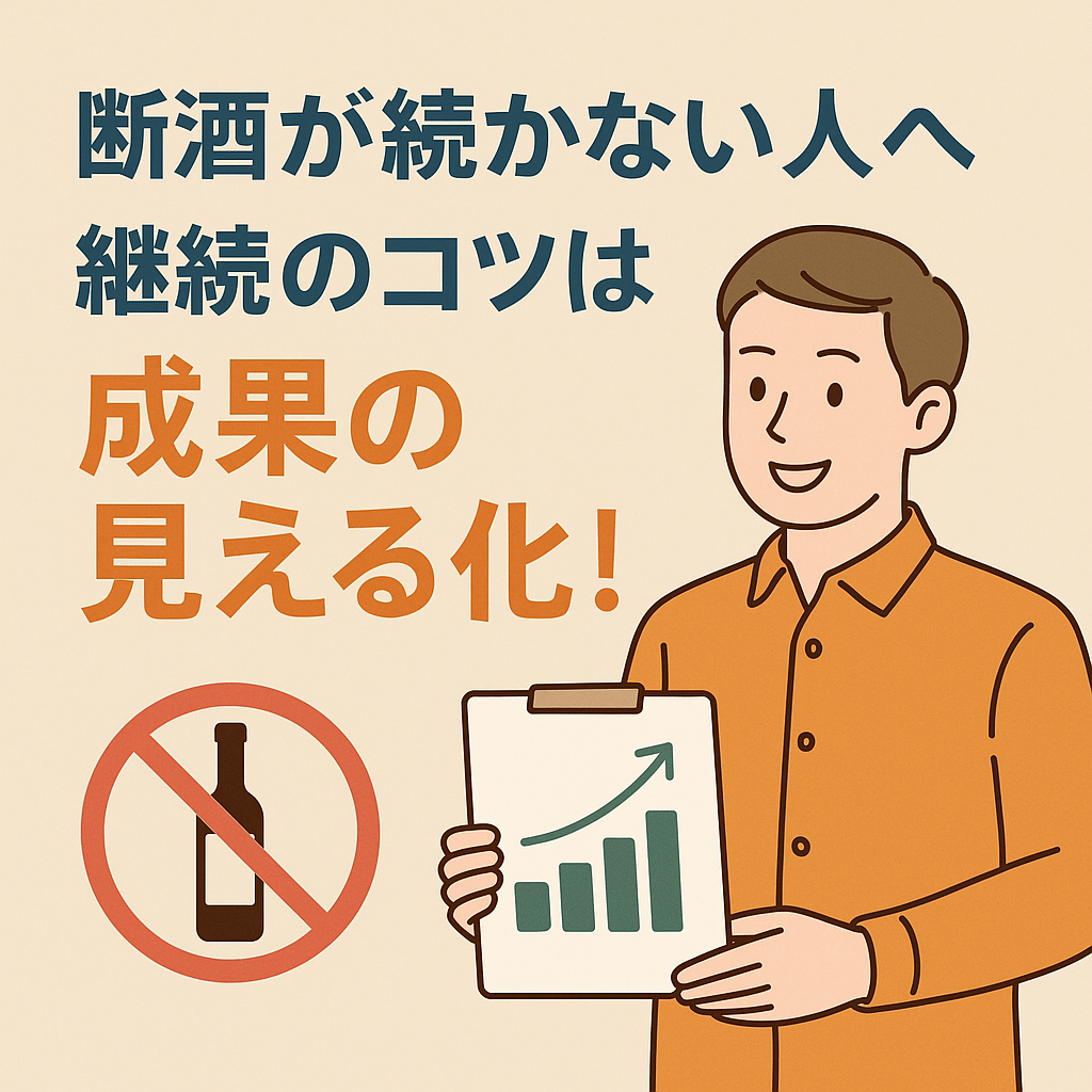 グラフを示したクリップボードを手に持つ男性と「断酒が続かない人へ 継続のコツは成果の見える化！」というメッセージが描かれたイラスト画像