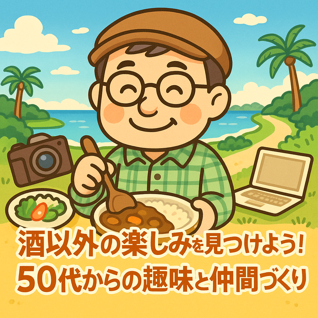 自然の中でカレーを食べながら笑顔で過ごす50代男性のゆるキャラ風イラストと「酒以外の楽しみを見つけよう！50代からの趣味と仲間づくり」というメッセージが描かれた画像