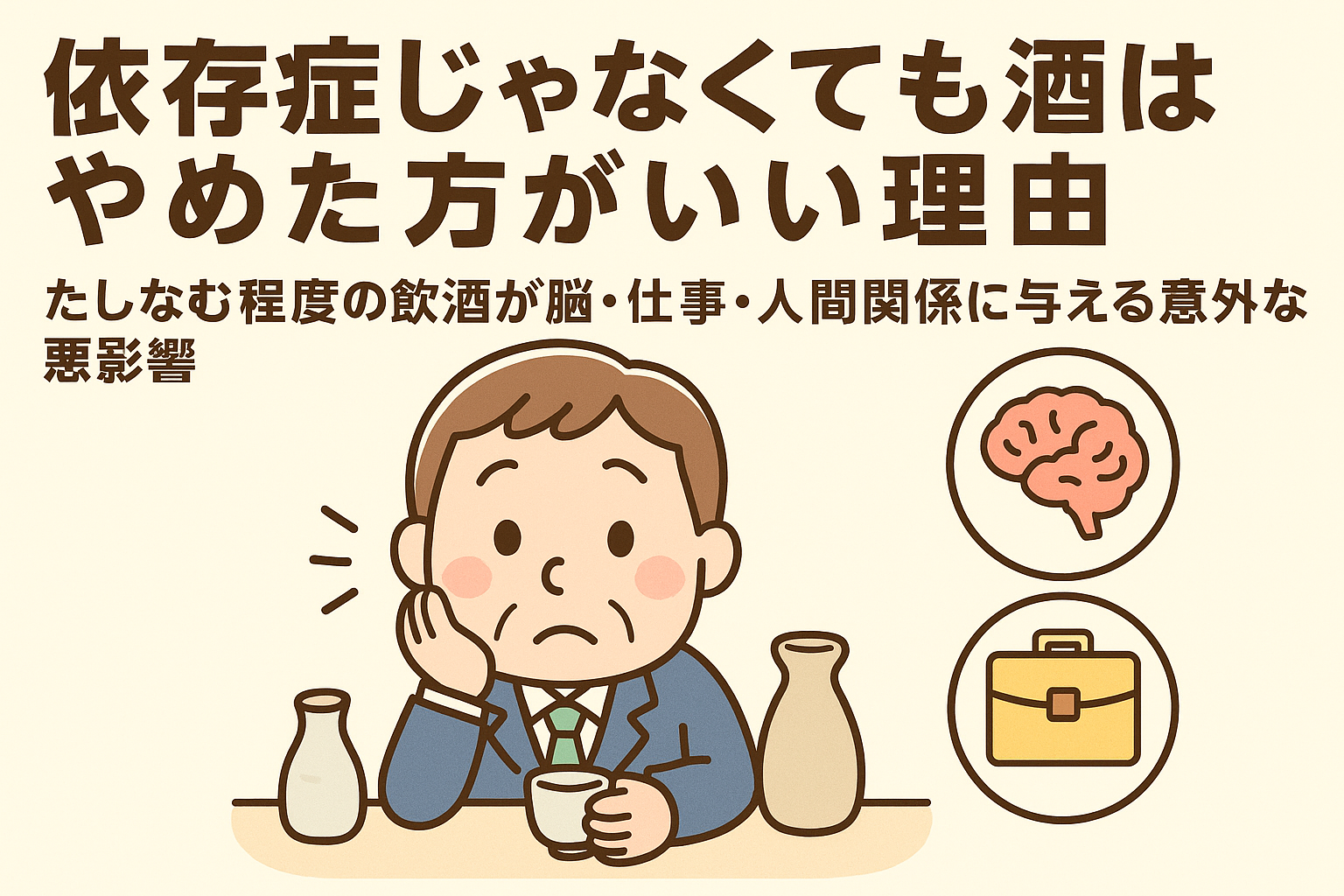 スーツ姿の中年男性が書類や人間関係のストレスを抱える様子と「たしなむ程度でも酒は脳や仕事に悪影響を与える」と書かれた警告的なイラスト画像