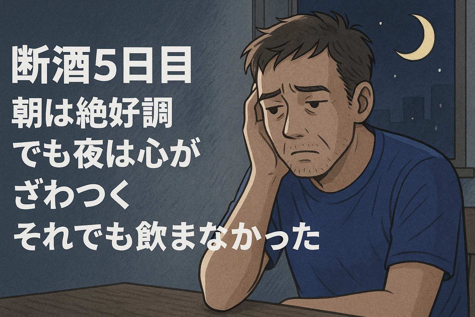 テーブルに頬杖をつき、夜の静けさの中で葛藤する中年男性のイラスト。背景には月と星。