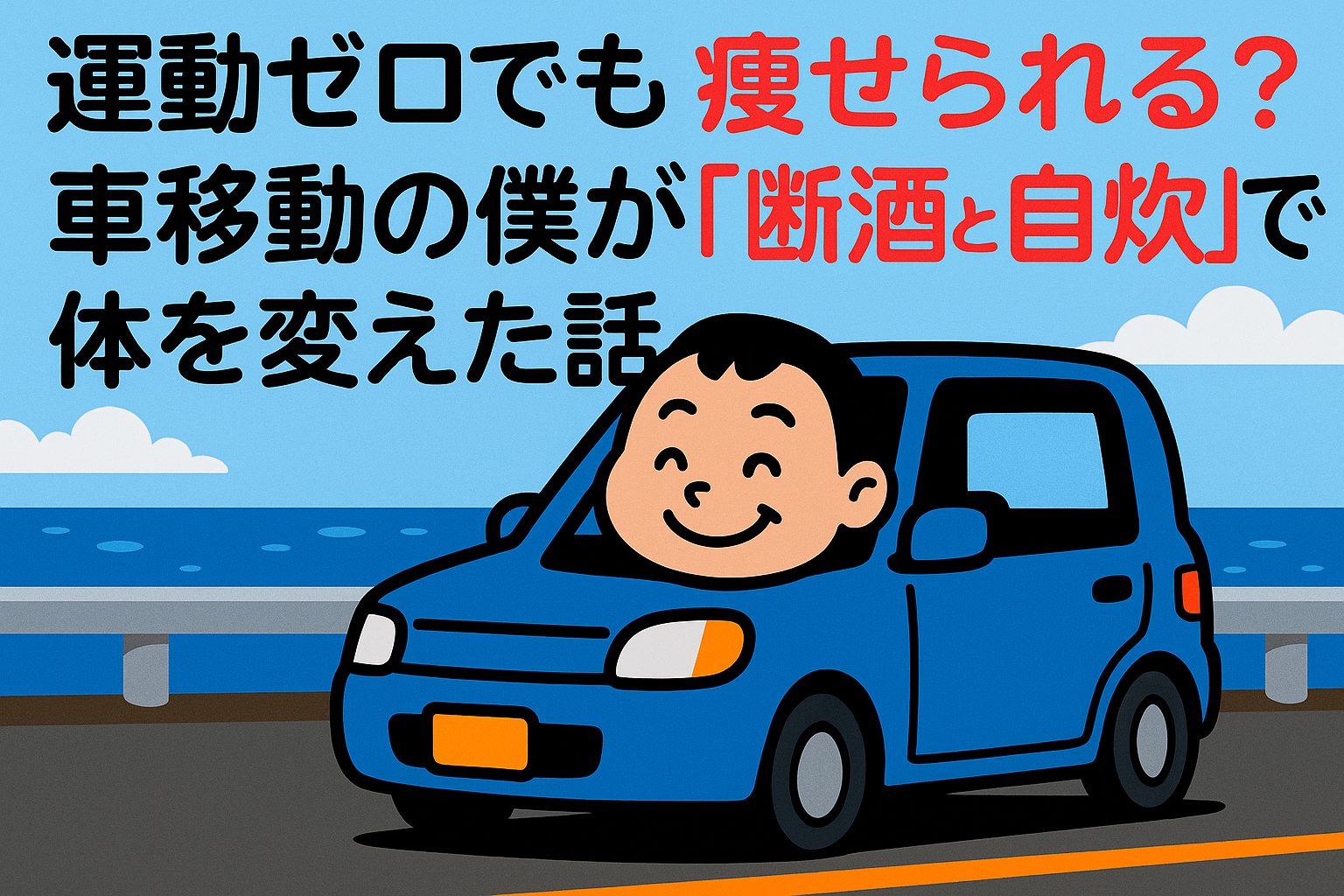 海沿いの道路を運転する、短髪で太ったかわいい中年男性のイラスト