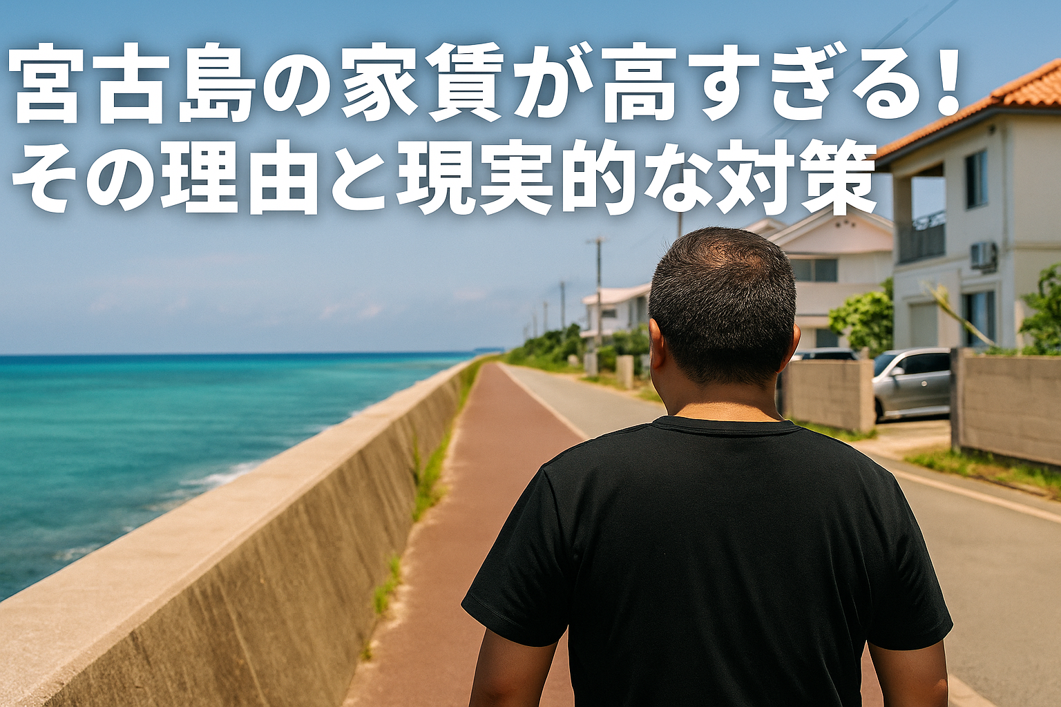 宮古島の住宅街を背景に「宮古島の家賃が高すぎる！」という文字が入った画像