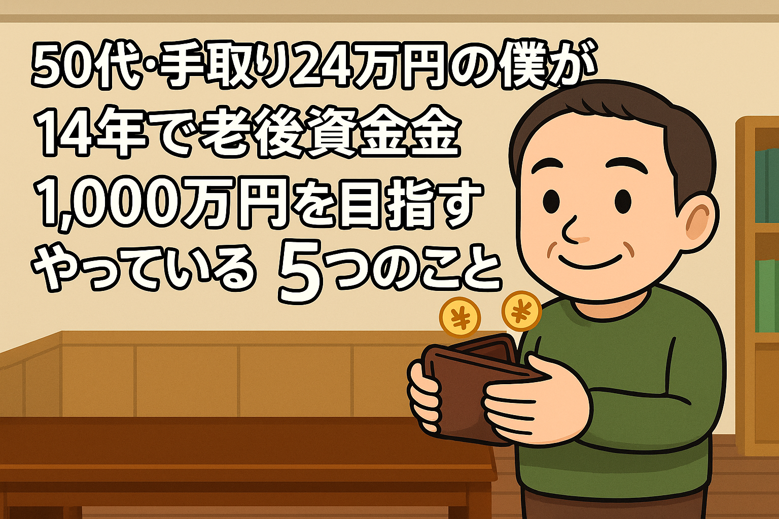 屋内で考えごとをする、髪の毛のある中年男性のキャラクターと「老後資金1,000万円を目指す」文字入りイラスト