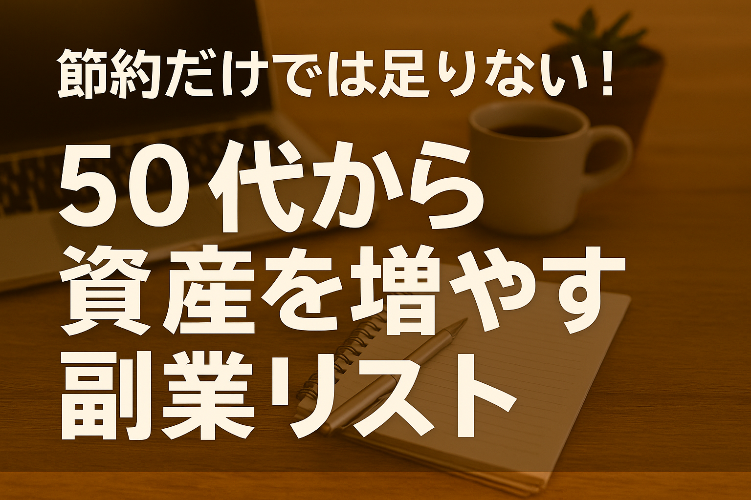50代から資産形成のための副業を始めることを伝える日本語バナー画像。ノートとペン、コーヒーカップが置かれた木の机の上に文字が重なっている。
