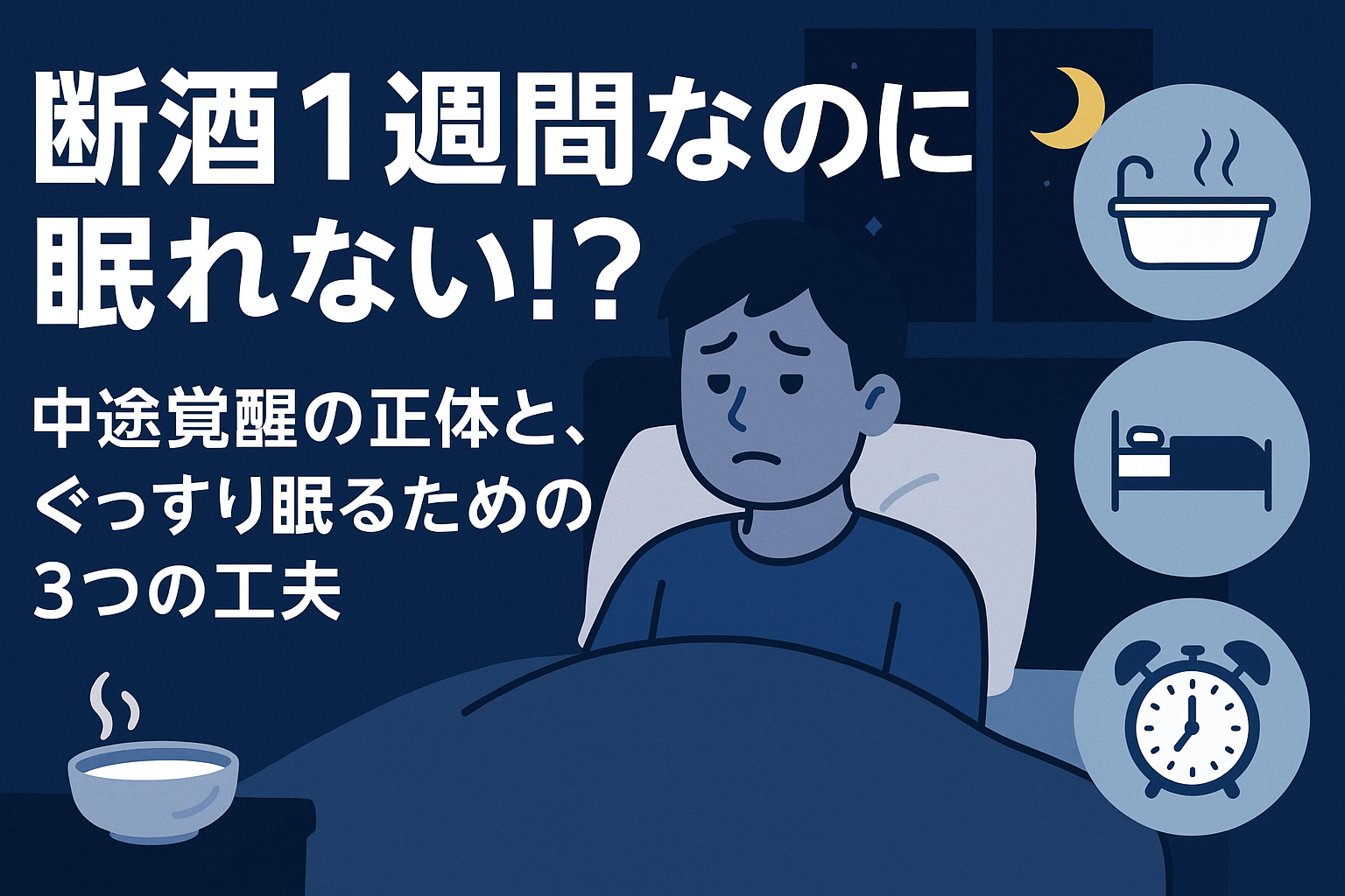 断酒1週間目に眠れず悩む中年男性のイラスト。中途覚醒と睡眠改善の工夫を伝える日本語テキスト入りバナー。