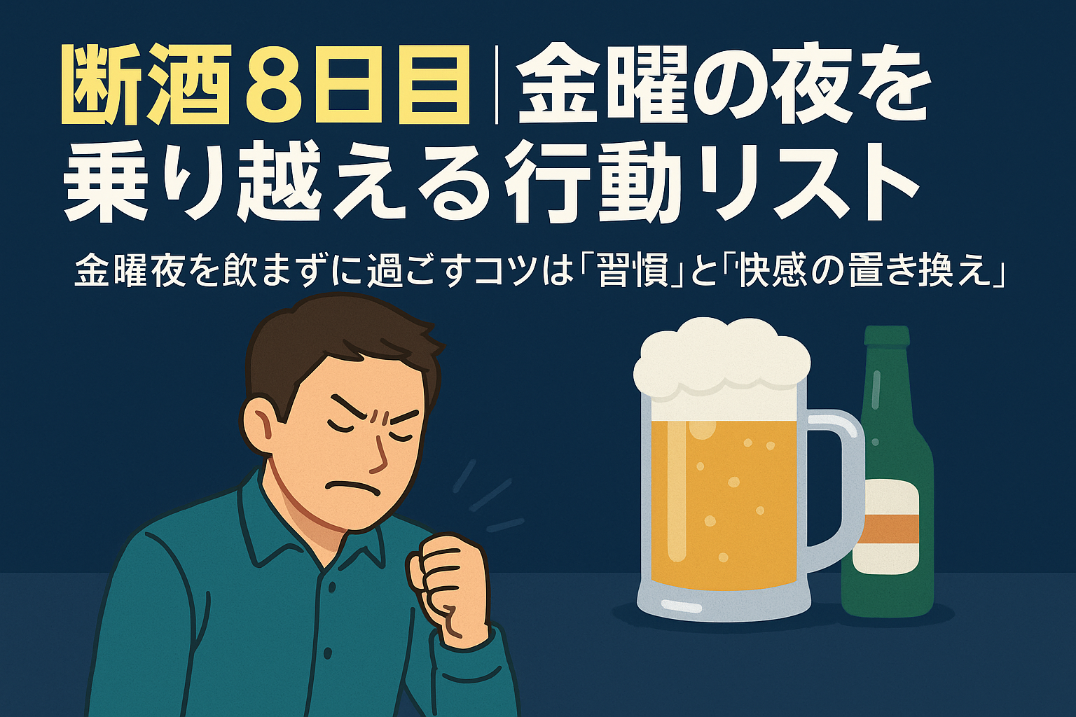 断酒中の金曜夜、飲酒の誘惑に打ち勝つ男性のイメージ