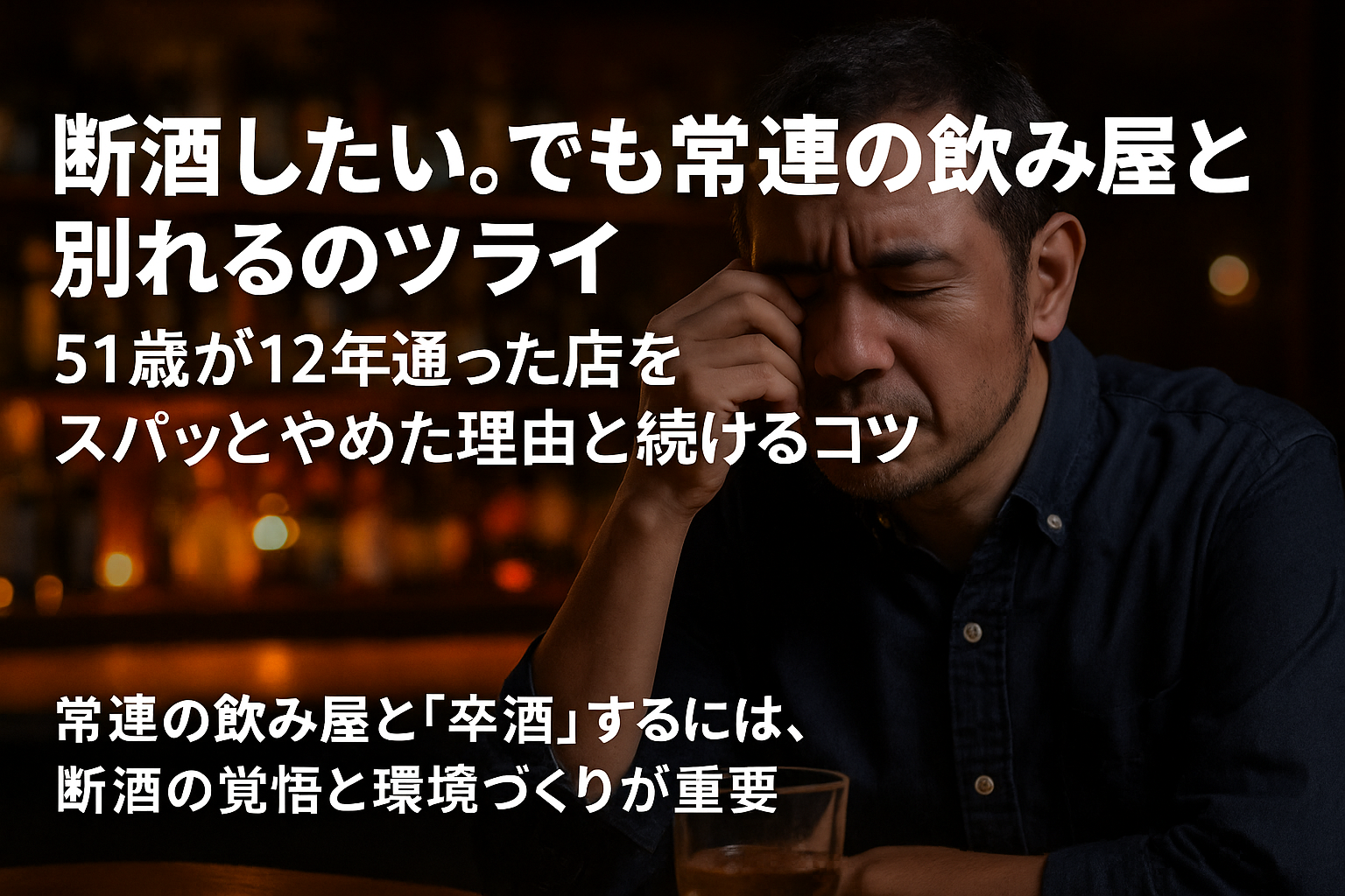 常連の飲み屋と別れる決意をした中年男性が、酒場で苦悩の表情を浮かべる様子