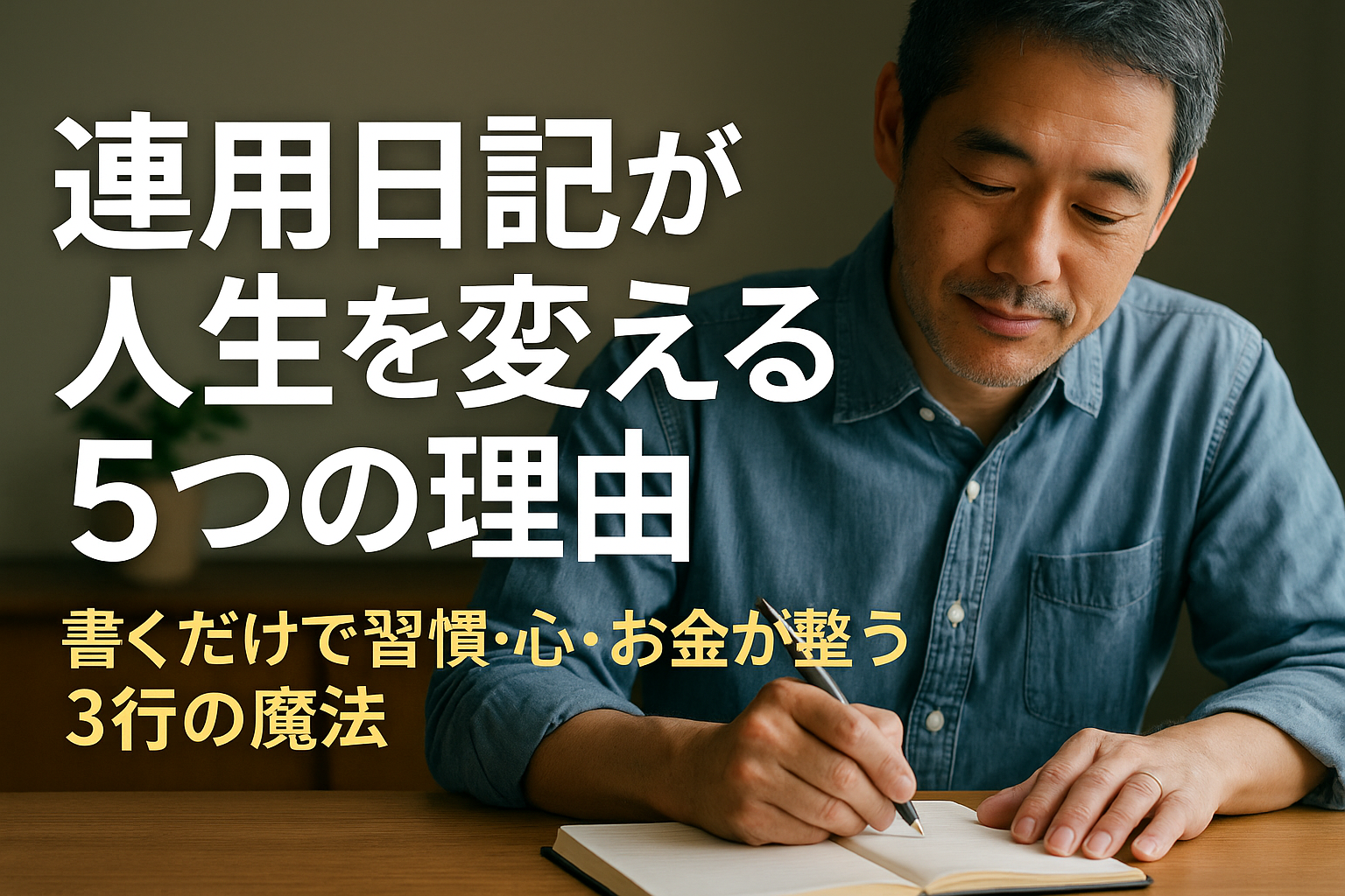 連用日記に書き込む中年男性が穏やかな表情で記録を綴る様子