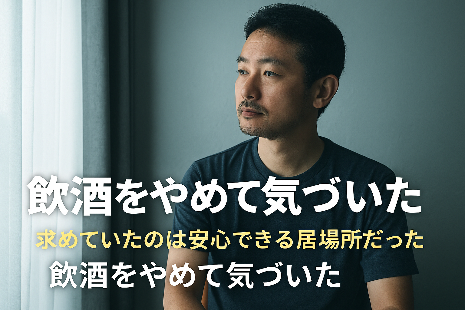 窓辺で物思いにふける中年男性が、断酒を経て本当に必要だった「安心できる居場所」に気づく瞬間を象徴したイメージ