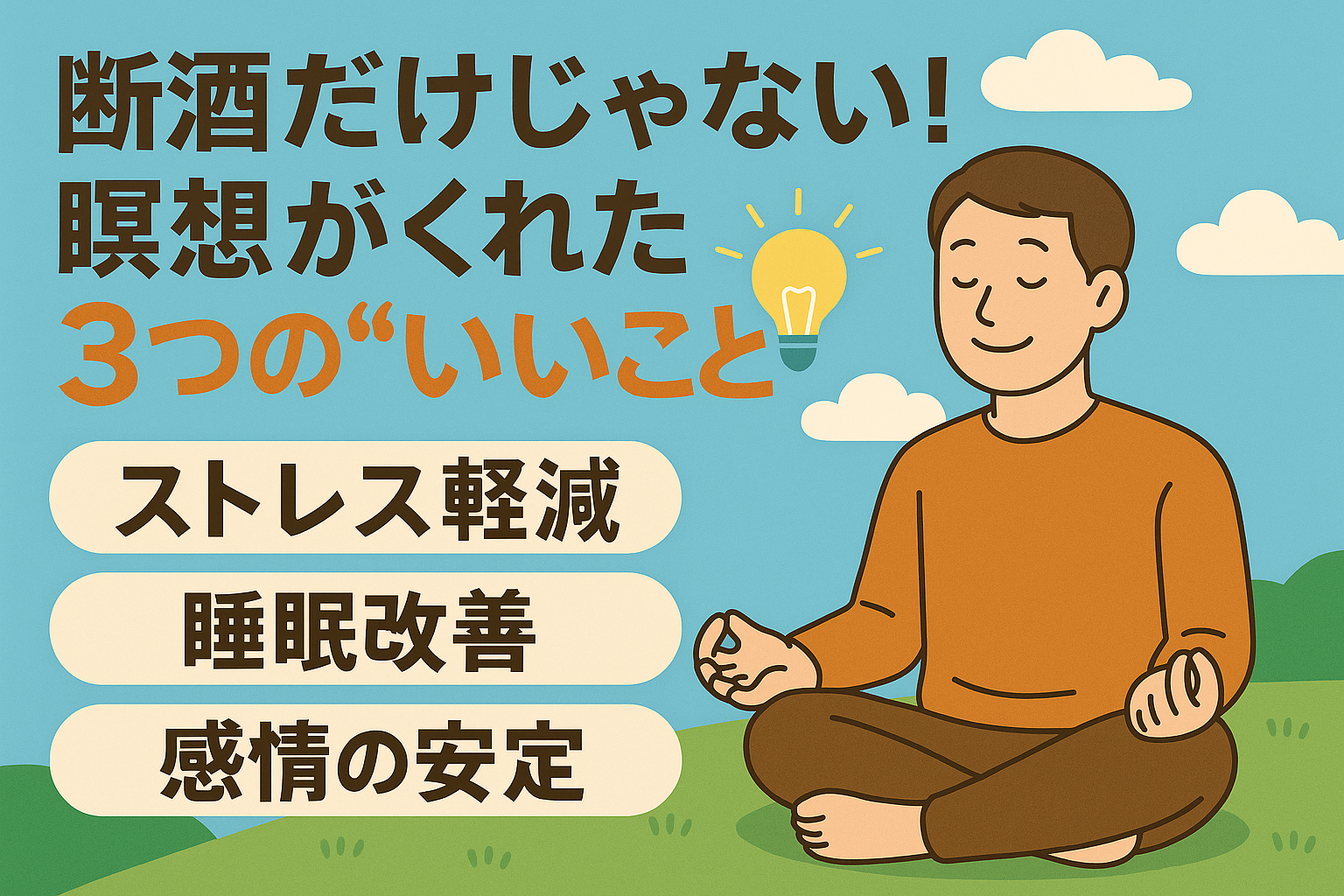 落ち着いた表情で座禅を組む中年男性と、「断酒と瞑想で得られる3つのいいこと」というメッセージが描かれたイラスト画像