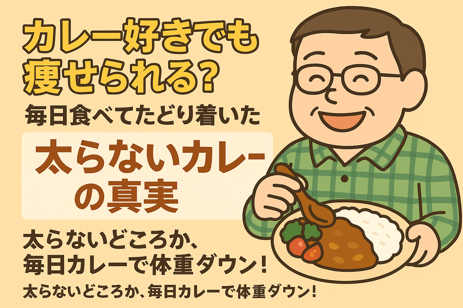ヘルシーな自家製カレーを笑顔で食べる中年男性のイラストと「カレー好きでも痩せられる？太らないカレーの真実」というテキストが描かれた画像