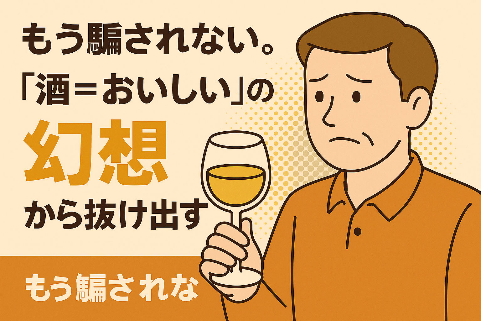「酒＝おいしい」は錯覚だと気づいた中年男性がグラスを見つめるイラストと、「もう騙されない 酒の幻想から抜け出す」のメッセージ