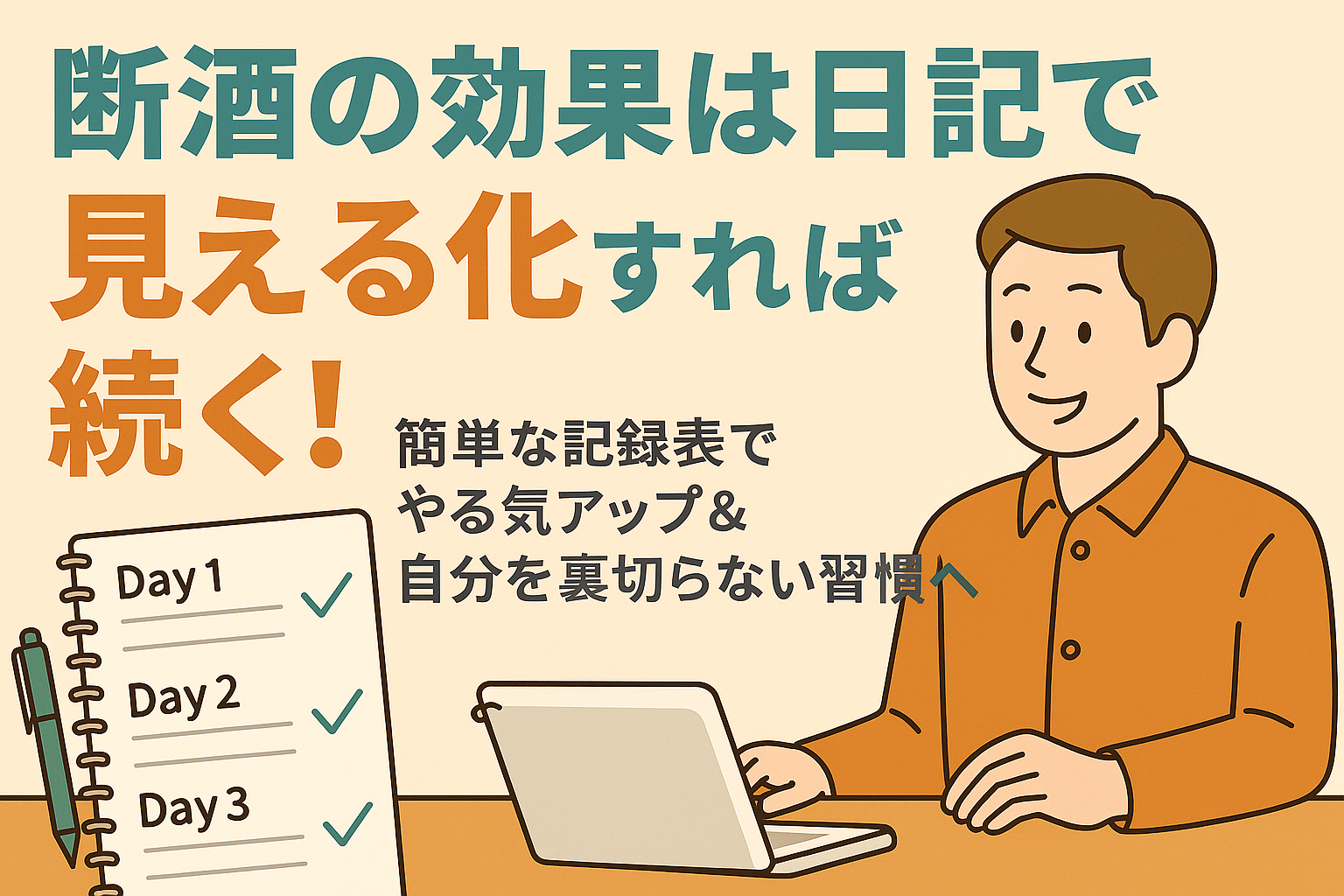 グラフ付きの日記を手にした中年男性が、断酒の成果を確認している様子と「断酒効果の見える化」というメッセージが描かれた画像
