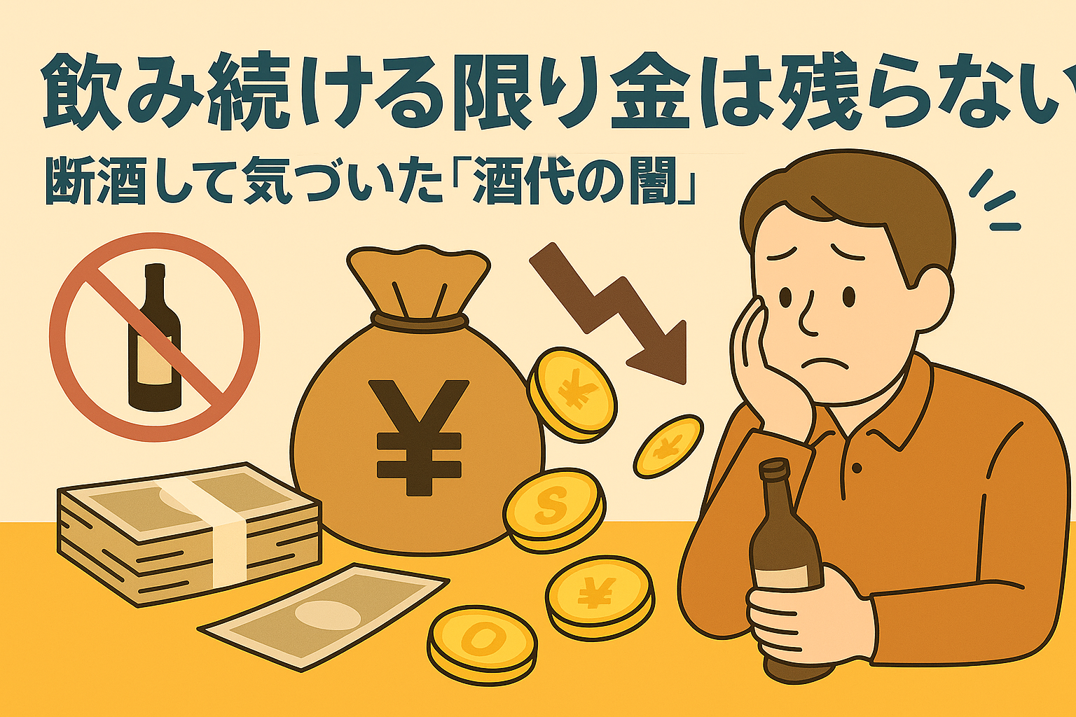 お酒に囲まれてお金が消えていく様子を表現したイラストと、「飲み続ける限り金は残らない」という警告的なメッセージが描かれた画像