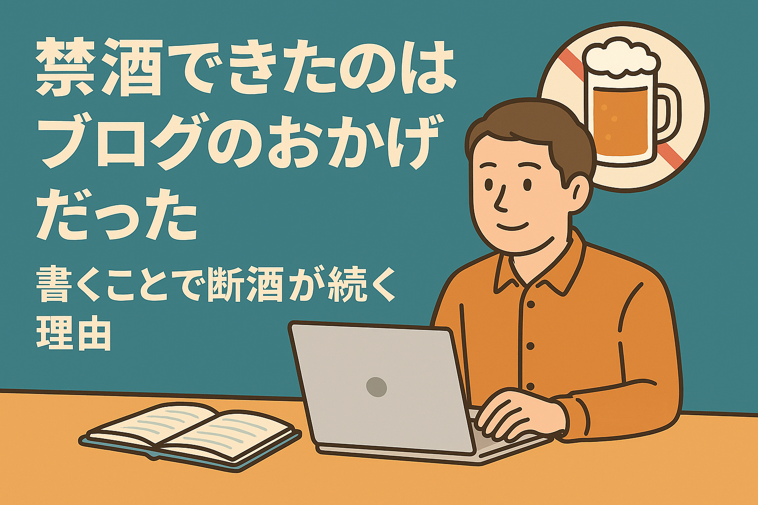 ノートパソコンでブログを書く中年男性のイラストと「書くことで断酒が続いた」というメッセージが描かれた画像