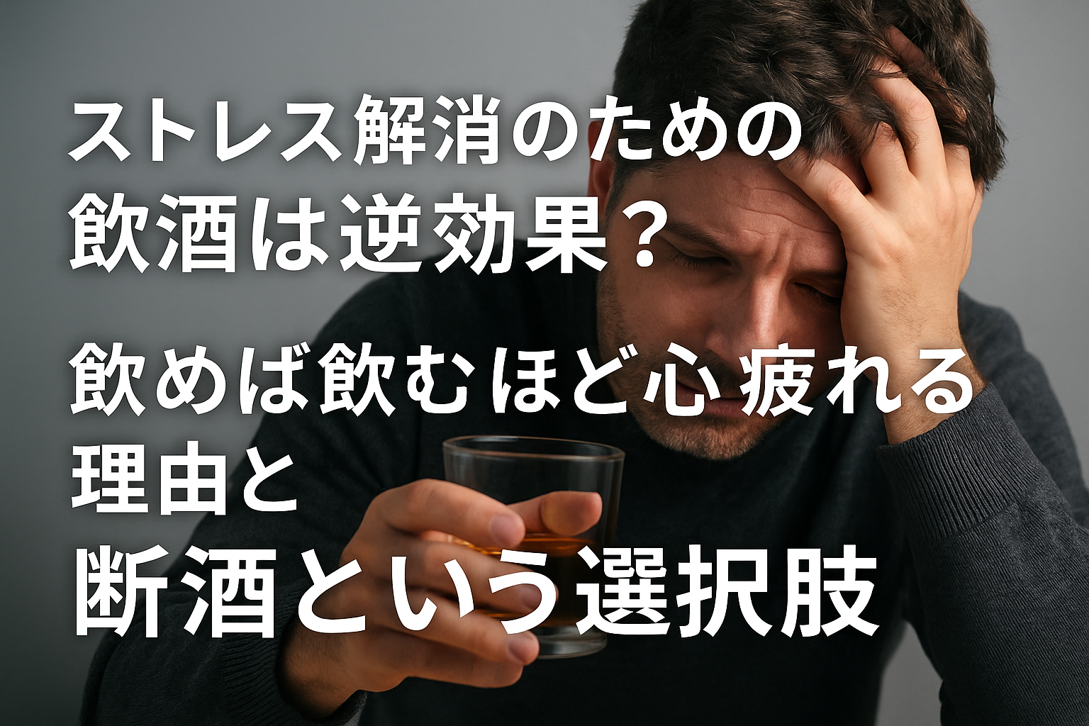 ストレス解消のためにお酒を飲む男性が疲れた表情でグラスを見つめる様子