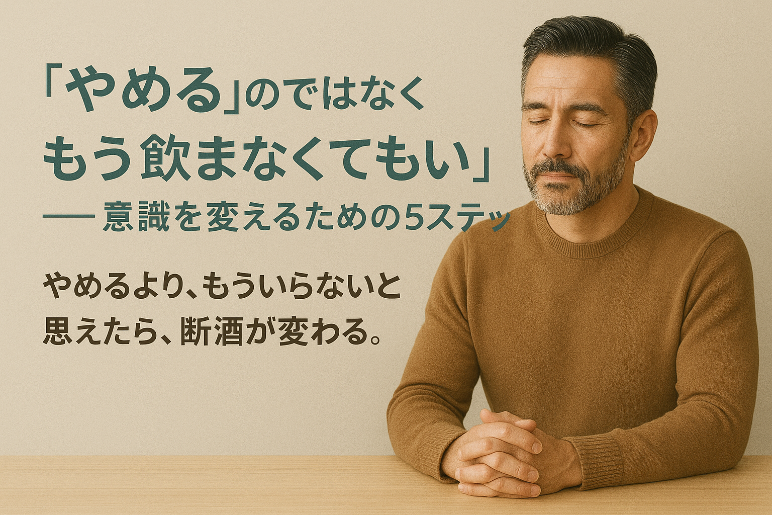 落ち着いた表情で目を閉じる中年男性と「もう飲まなくてもいい」というメッセージ