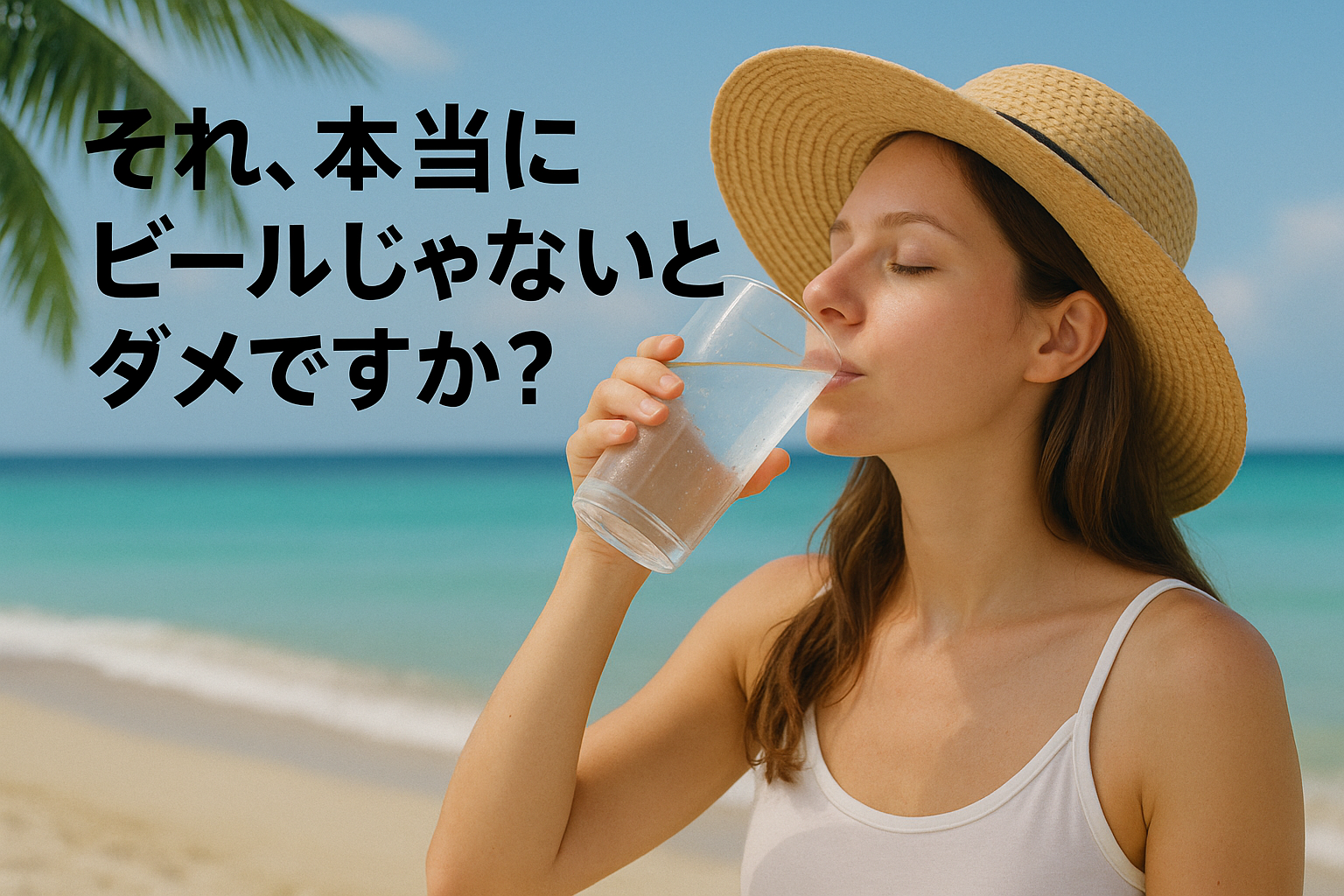 ビーチで麦わら帽子をかぶった女性が、冷えた水を気持ちよさそうに飲んでいる写真。左上には「それ、本当にビールじゃないとダメですか？」という日本語の文字。