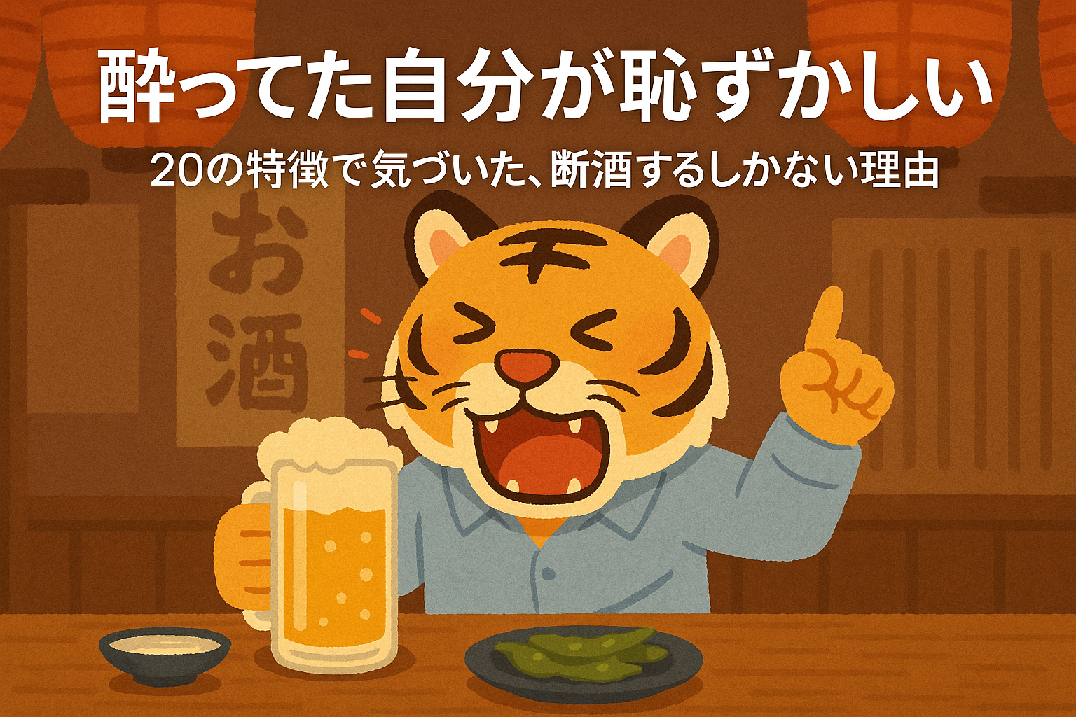 居酒屋で酔っ払って騒いでいる虎のキャラクターが、ビールを片手に笑っているイラスト（中央に小さめの文字で記事タイトル入り）