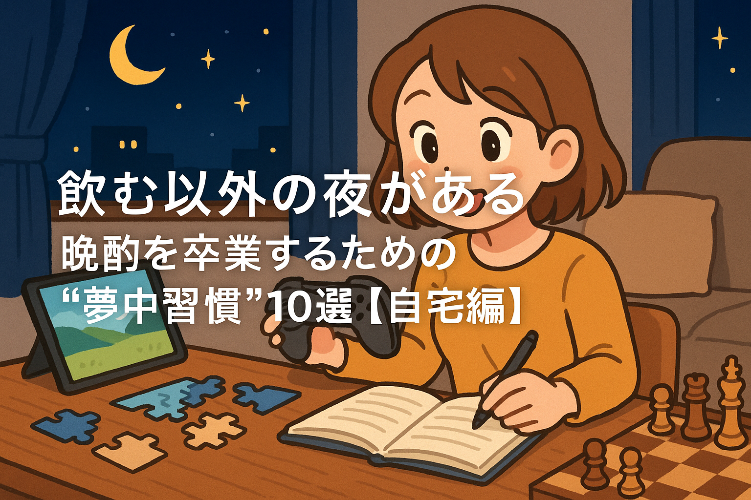 夜のリビングで楽しそうにゲームやノート作業をする大人のキャラクター。タブレット、パズル、チェスなどに囲まれ、夢中になれる夜の時間を過ごしている。