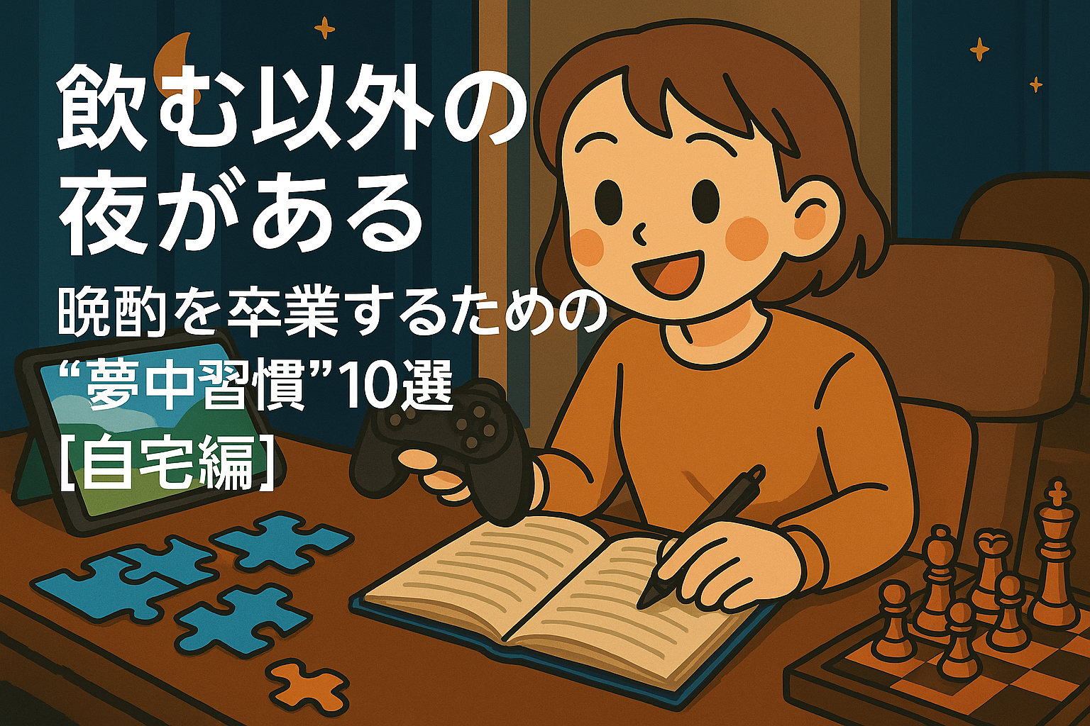 夜のリビングでゲームを楽しむ女性キャラクター。パズルやノート、チェスも並ぶ中、断酒を前向きに楽しむ雰囲気が伝わる構図。