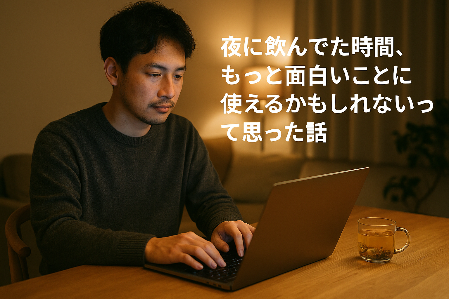 夜の室内でパソコン作業をしながら、ハーブティーを片手にブログを書く東アジア系の男性の様子