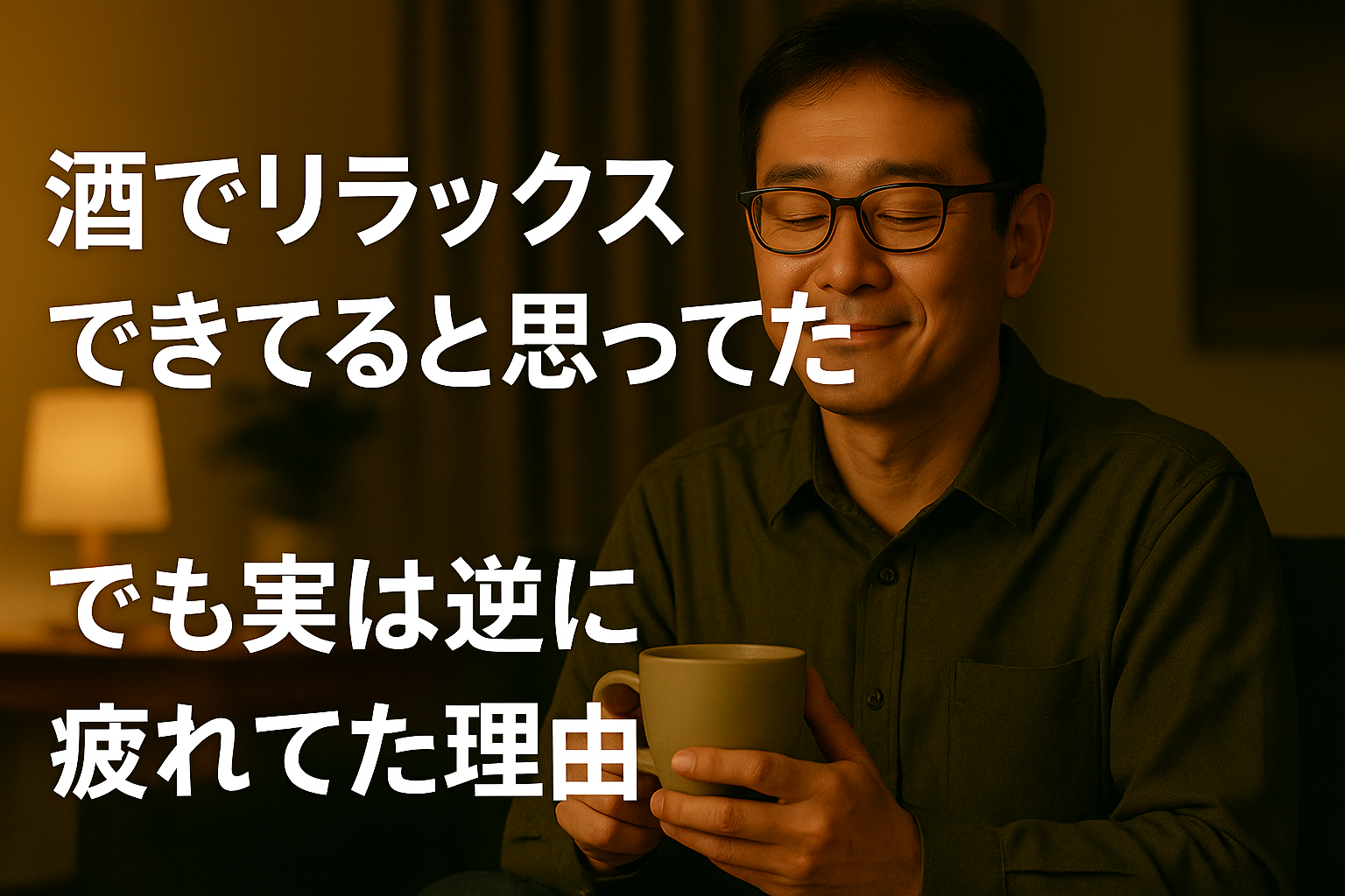 中年の東アジア系男性が温かい飲み物を手にしながら微笑み、落ち着いた室内でリラックスしている様子。画像には「酒でリラックスできてると思ってた／でも実は逆に疲れてた理由」という日本語テキストが白字で中央寄せされている。