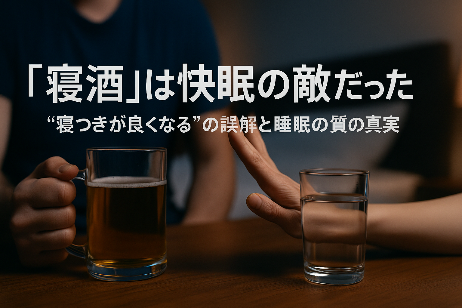 寝室のテーブルにビールと水が置かれ、ビールを差し出す男性の手と、それを断って水を選ぶ女性の手元が写っている。中央には「『寝酒』は快眠の敵だった “寝つきが良くなる”の誤解と睡眠の質の真実」という日本語のテキストが、中央寄せ・小さめに配置されている。