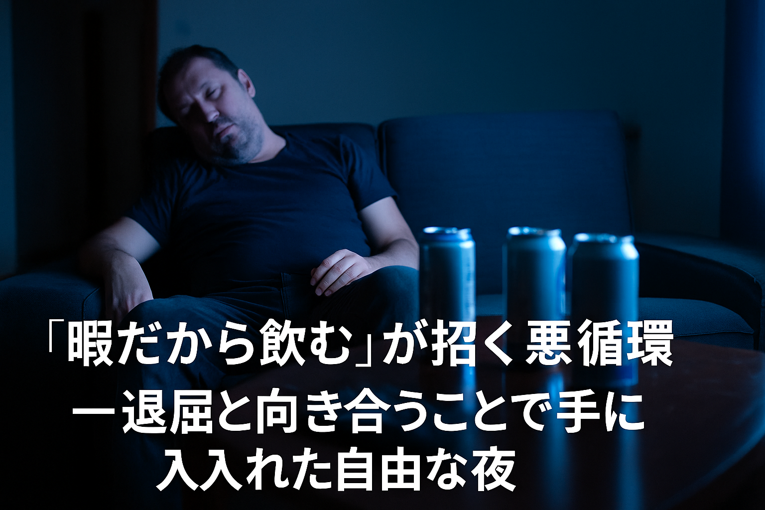 ソファで酔って寝ている中年男性。暗い部屋にテレビの明かりが差し込み、テーブルにはビールの空き缶が3本転がっている。画面下部には「『暇だから飲む』が招く悪循環 ─退屈と向き合うことで手に入れた自由な夜」と中央寄せで小さく表示されている。