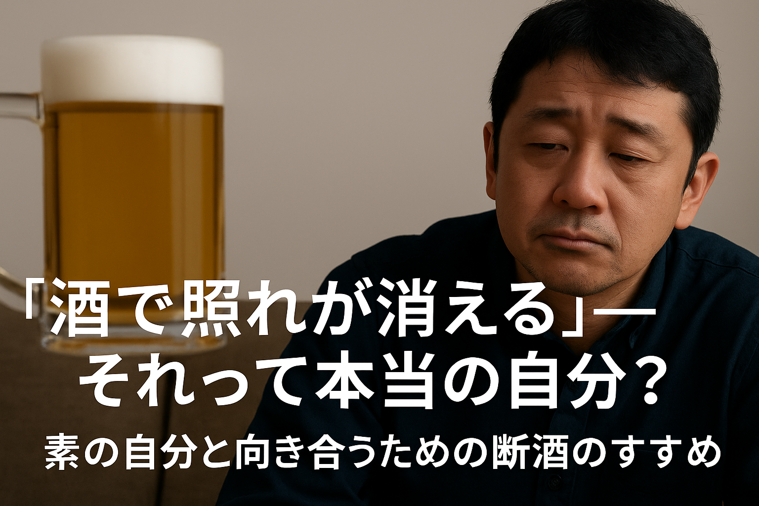 真顔で伏し目がちな男性がビールの大ジョッキを前に座り、「『酒で照れが消える』──それって本当の自分？ 素の自分と向き合うための断酒のすすめ」という文字が画面下部に小さめに中央寄せで配置されている。