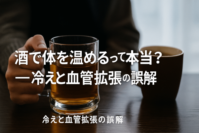テーブルに置かれたビールと温かい湯呑み、曇りガラス越しの寒そうな光。画面下部に「酒で体を温めるって本当？──冷えと血管拡張の誤解」というタイトルが小さめに中央寄せで表示されている。