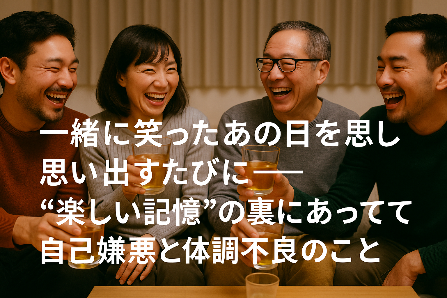 笑顔で乾杯している4人の男女が写った写真。画面下部に「一緒に笑ったあの日を思い出すたびに──“楽しい記憶”の裏にあって、自己嫌悪と体調不良のこと」というタイトルが中央寄せで小さく表示されている。