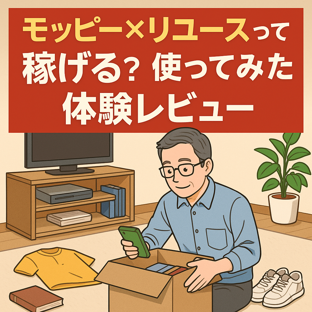 50代男性が部屋で不用品を整理しながらスマホで査定している様子。背景に「モッピー×リユースって稼げる？使ってみた体験レビュー」の文字。