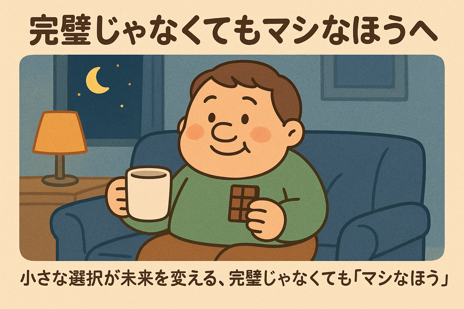 夜のリビングで白湯とチョコを手にしながらほっと一息つくぽっちゃりおじさんのゆるキャラ風