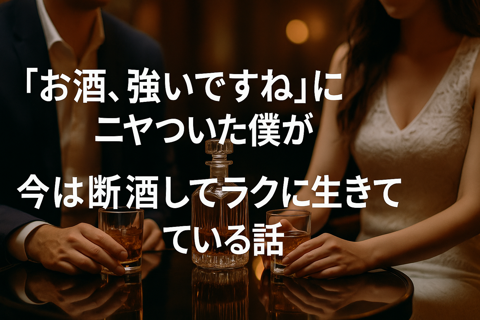 キャバクラ風のバーで男女が静かにグラスを手にする場面に、断酒してラクに生きている体験を綴るブログタイトルが中央寄せで小さく配置された画像
