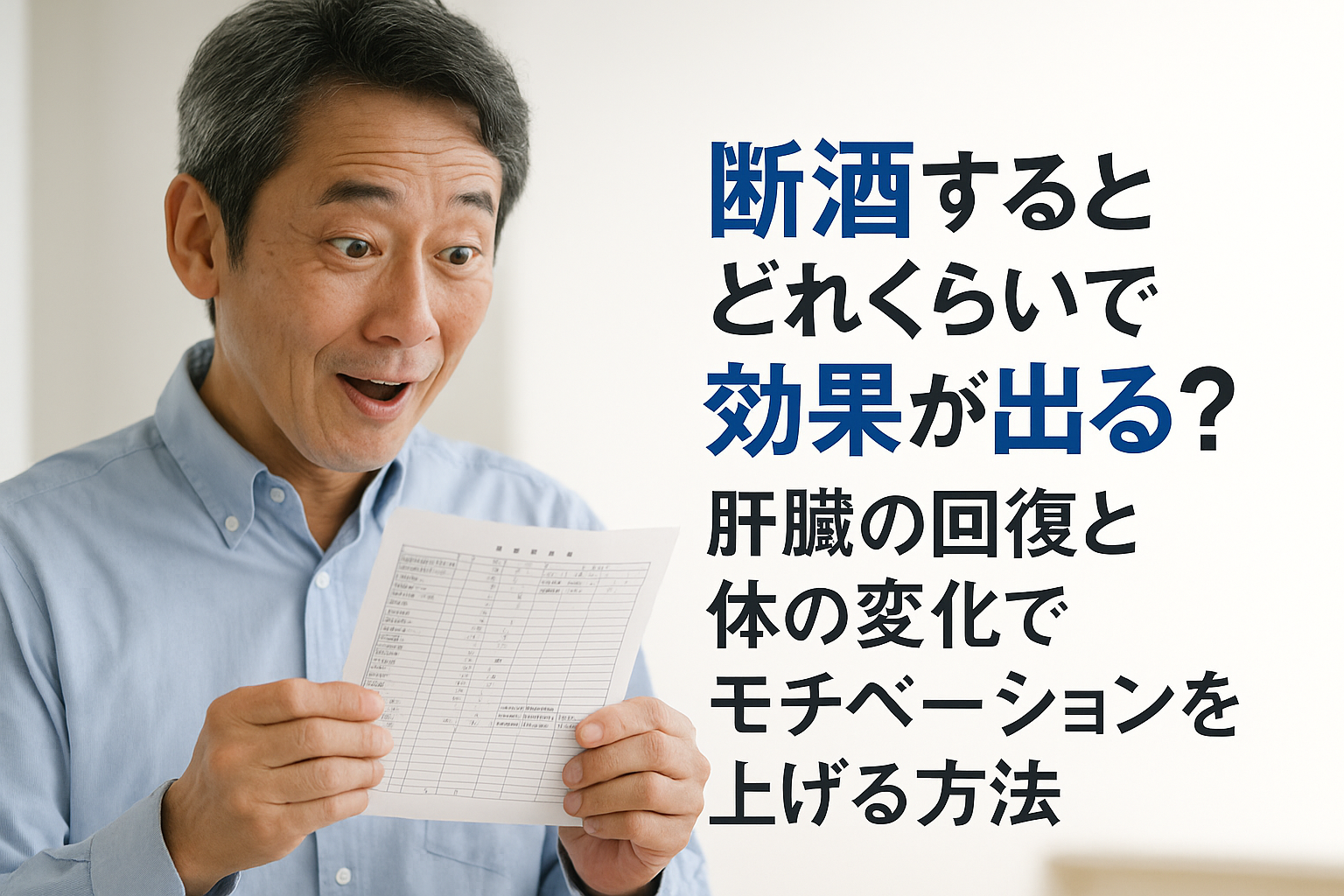 断酒による効果に驚く中年男性が健康診断結果を手に喜んでいる様子。