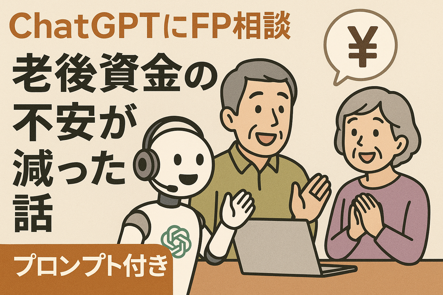 ChatGPTのロボットと相談する高齢夫婦のイラスト。「老後資金の不安が減った話」という文字が表示されたサムネイル。
