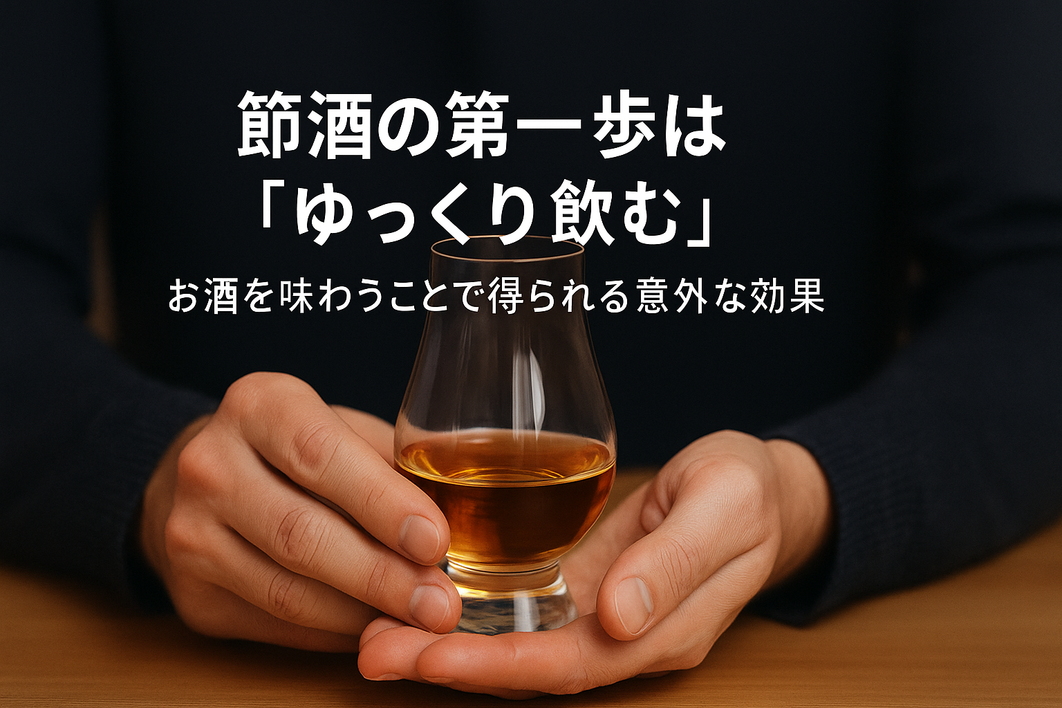 手元でウイスキーを静かに持つ男性と「節酒の第一歩は『ゆっくり飲む』」というタイトル入りの画像