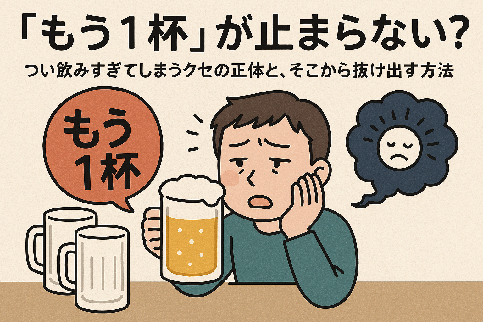 「もう1杯」と止まらずに飲みすぎてしまう男性と後悔する表情のイラスト