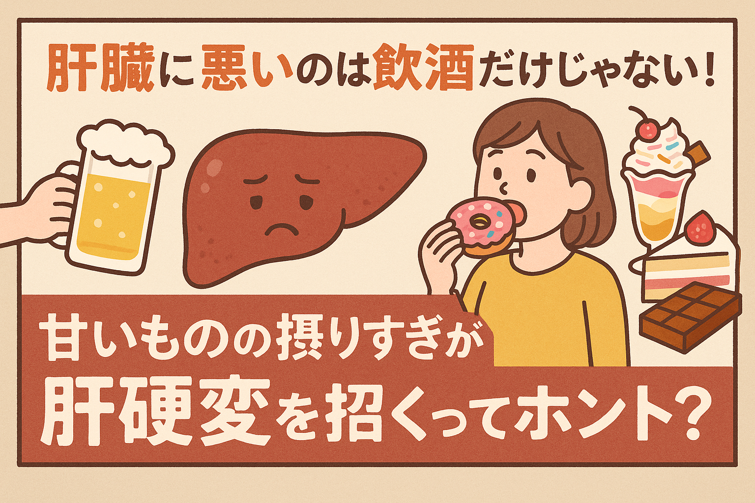 ドーナツやケーキを食べる女性と、ビールと甘い物に囲まれて困り顔の肝臓のイラスト。「肝臓に悪いのは飲酒だけじゃない!甘いものの摂りすぎが肝硬変を招くってホント?」という見出し文字が描かれている画像。