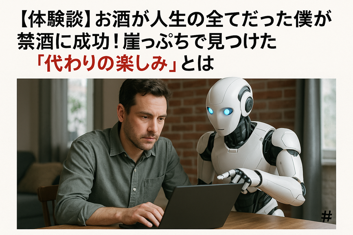 「人間とロボットが一緒にノートパソコンを見ながら禁酒について話し合っている様子」