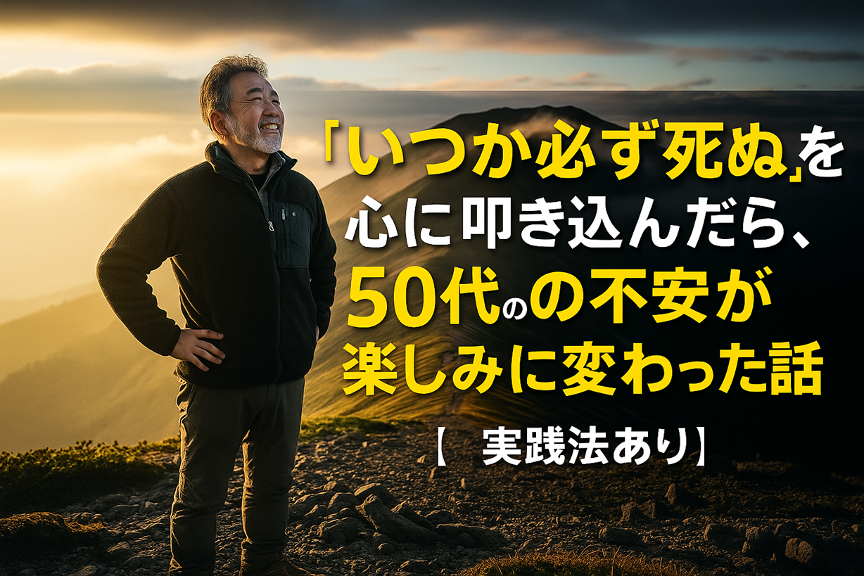 朝焼けの山頂で笑顔を浮かべる中年男性と、「『いつか必ず死ぬ』を心に叩き込んだら、50代の不安が楽しみに変わった話【実践法あり】」という黄色と白の大きな見出しテキスト