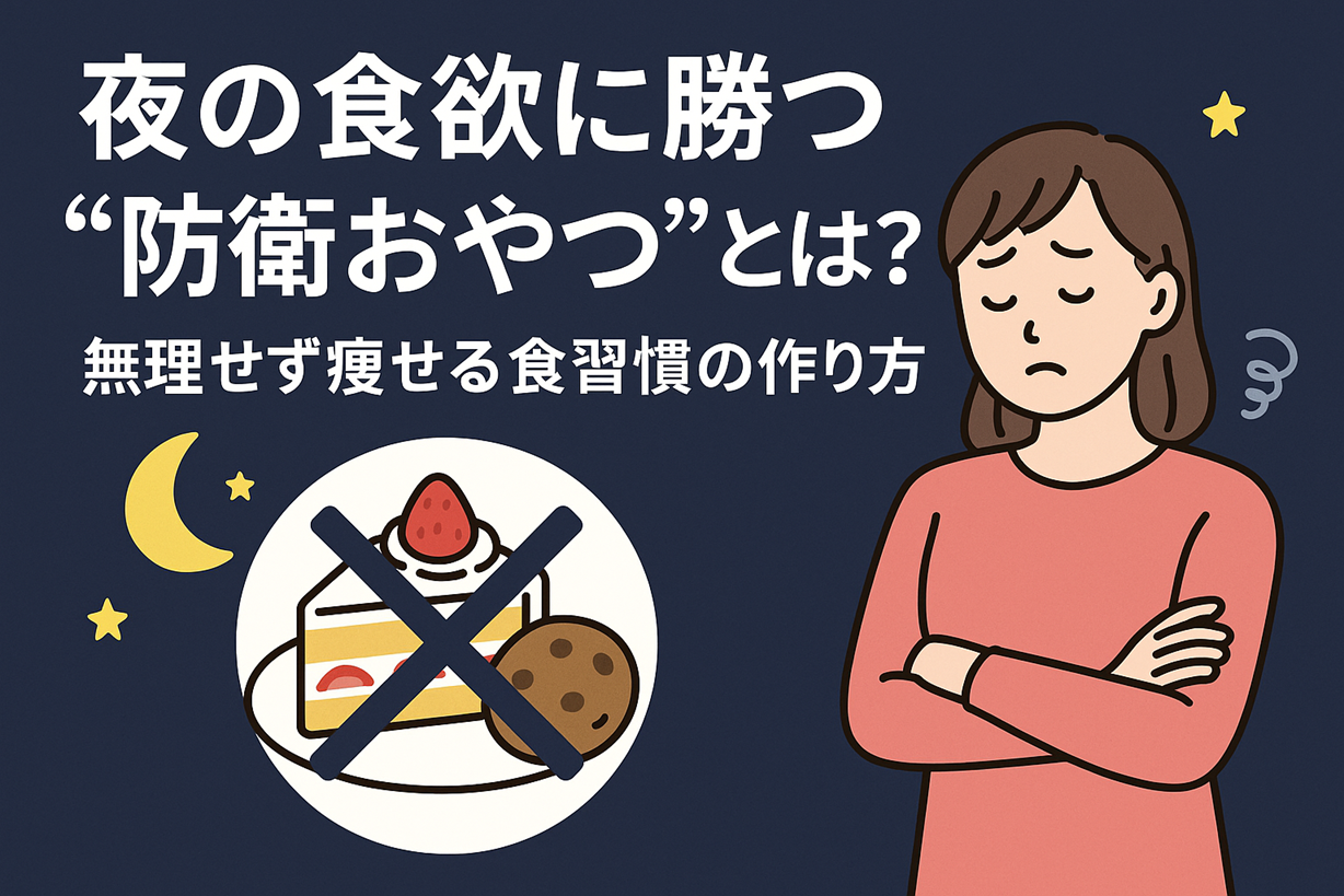 夜の食欲に悩む女性と「ケーキ・クッキー禁止」のマークが描かれた、防衛おやつをテーマにしたイラスト