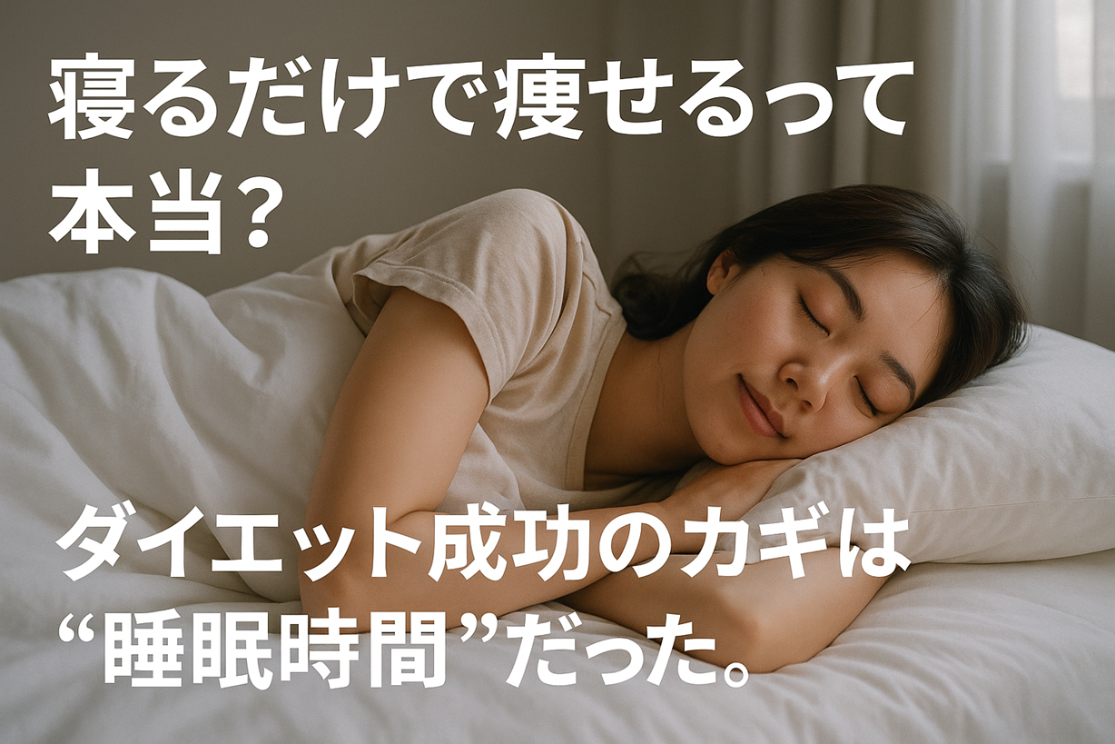 寝ている女性の写真に、「寝るだけで痩せるって本当?ダイエット成功のカギは“睡眠時間”だった。」という文字が重なっている画像
