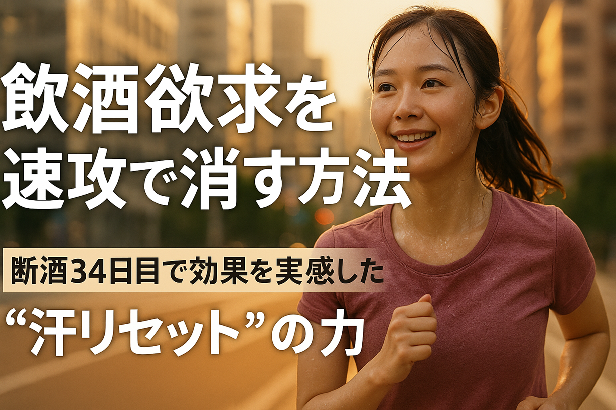 汗をかいてリフレッシュする女性と飲酒欲求を断つ方法を伝えるテキスト